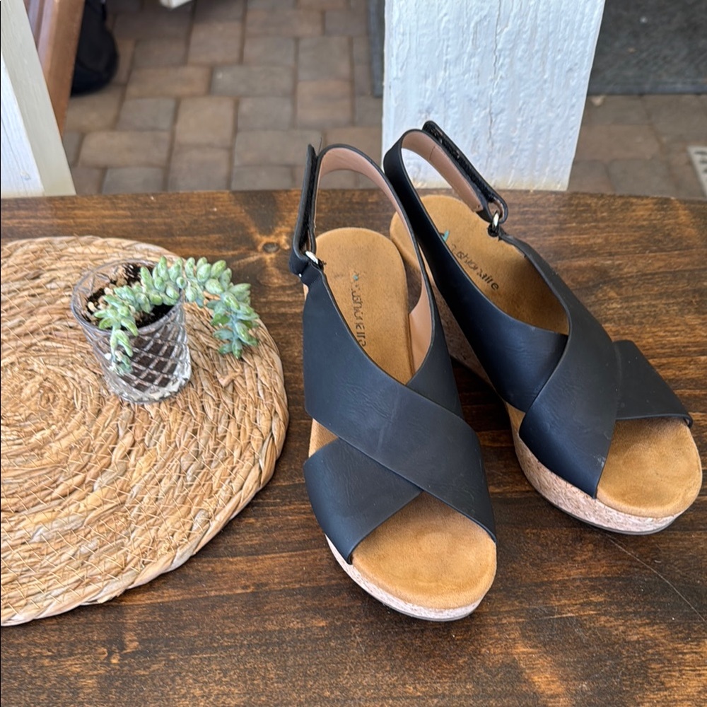 Women's Black Slingback Cork Wedge Sandals